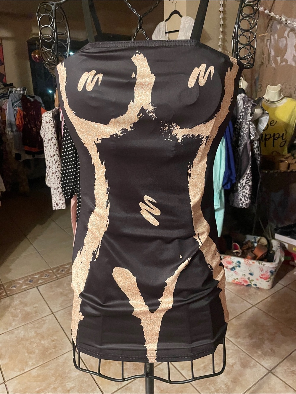 Black bodycon dress with Metallic Gold Abstract Print